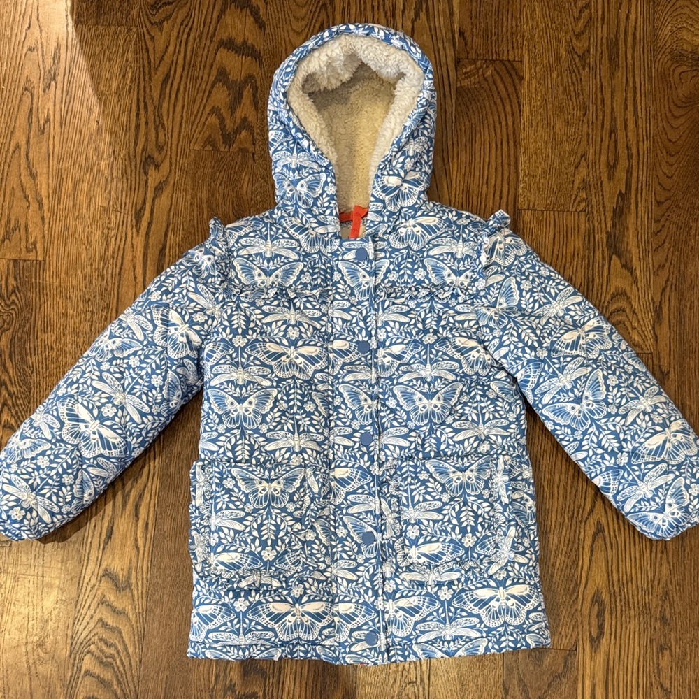 Mini Boden Blue and White Butterfly Puffer Jacket size 6/7